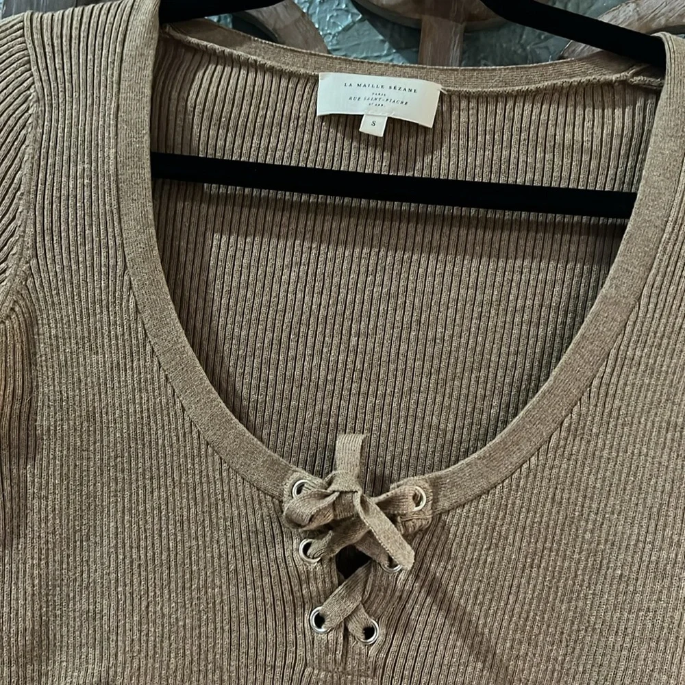 Sezane Soizic Cotton & Wool Ruffle Sleeve Ribbed Sweater - Picture 3 of 5